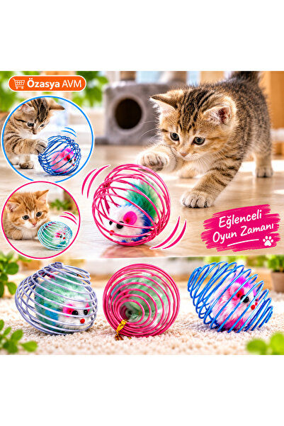 Özasya AVM Yaylı Metal Fareli Kafes Kedi Oyun Topu Sıçrayan Spiral Kedi Topu
