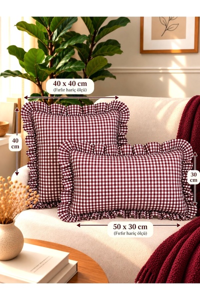 Decamor home İris Pamuk Keten Bordo Mini Pötikare Fırfırlı Kırlent Kılıfı 1 ADET