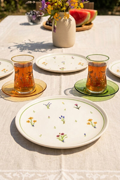 Rakle Botanical 12 Parça 4 Kişilik Seramik Pasta Tabağı Seti 20 cm / Çay Seti...
