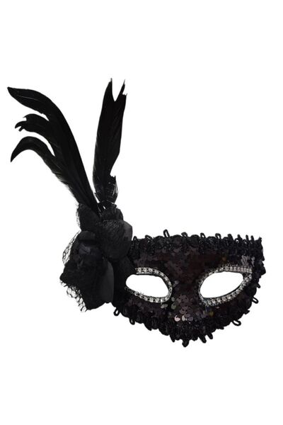 partidolu Siyah Renk Pullu Güllü Tüylü Wedding Maskesi Lastikli Balo Mask 1 A...