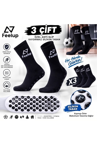feelup 3 Çift Kaydırmaz Taban Futbol ve Halı Saha Çorabı - Yoga, Pilates Uyum...