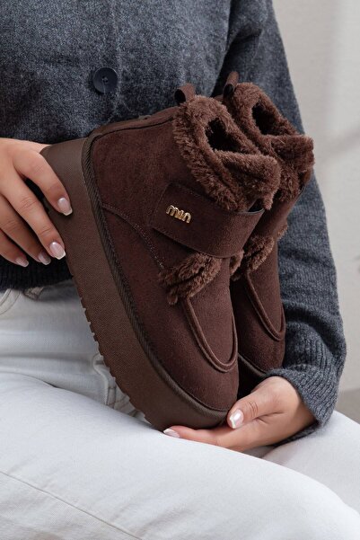 Esilapark Kadın Acı Kahve Süet İçi Kürklü Cırt Bantlı 5 cm Platform Kalın Tab...