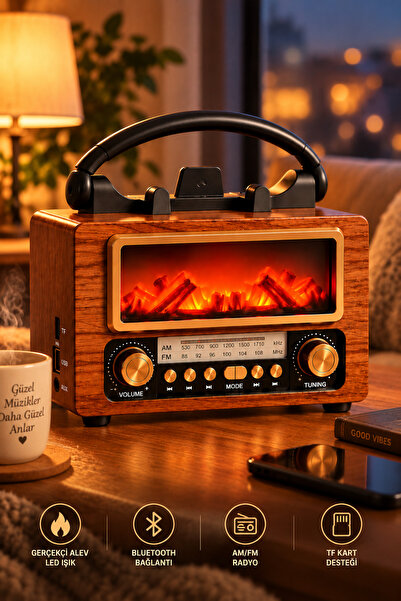 Omaze Nostaljik Bluetooth Hoparlör Retro Radyo FM/AM Şömine Efektli Telefon S...