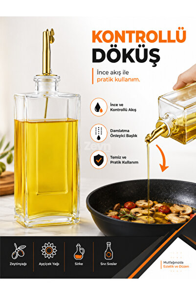 Zeyn Gross 750 ML Dikdörtgen Cam Yağdanlık | Kontrollü Gold Döküş Başlıklı Ze...