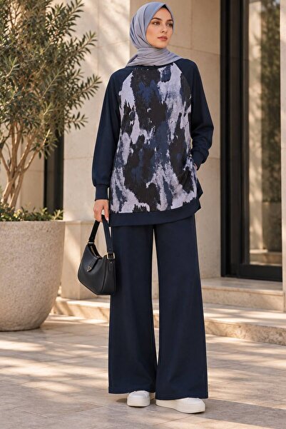 Bigdart Kadın Desenli Oversize Tunik Pantolon İkili Takım 55462 - Lacivert