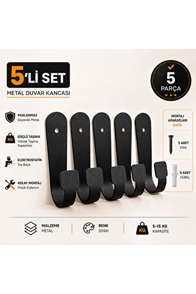 Metal Duvar Askısı 5'li Set Antre Banyo Mutfak Askılığı