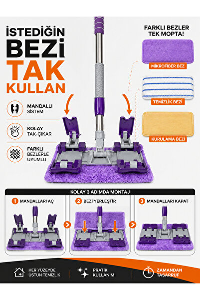 Mandallı Mop Paspas | Kıskaçlı Bez Takmalı Yer, Duvar ve Cam Temizlik Mopu | 1 Adet Yedek Bez Hediyeli | 180° Döner Başlık | Teleskopik Sap 88-132 cm