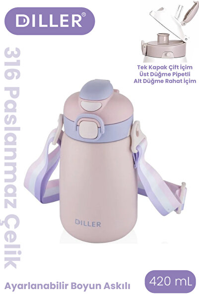 DILLER Single Lid Dual Use 420ml Steel Water Bottle With/Without Straw 6 Hour...