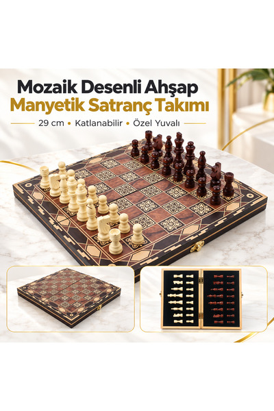 e-life shop Ahşap Manyetik Satranç Takımı 29 cm Mozaik Desenli Katlanabilir T...