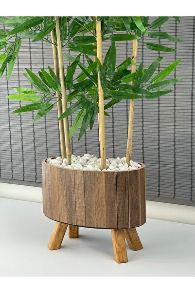 Bahçem Ahşap Saksılı Ayaklı Elips Model Yapay Yoğun Yapraklı Dekoratif Bambu Ağacı 115cm 5 Gövde