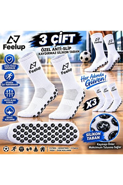 feelup 3 Çift Kaydırmaz Taban Futbol ve Halı Saha Çorabı Beyaz - Yoga, Pilate...