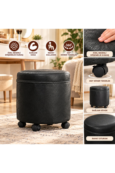 Ratemo Mobilya Tekerlekli Puf Tabure Siyah/Antrasit Gri – 35x40 cm-Çok Amaçlı...