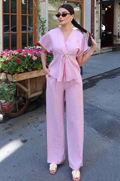 KECHİ WOMAN Tencel Fabric Tie-Up Set with Gold Accessories — Pink