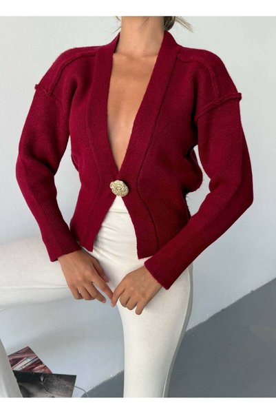 KECHİ WOMAN Single Button Knitwear Cardigan with Gold Accessories — Burgundy