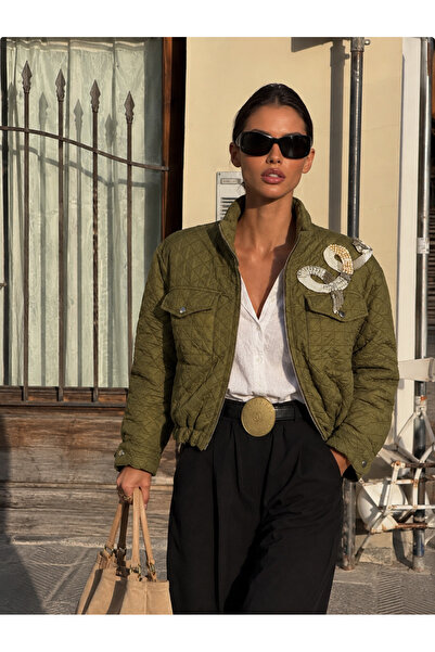 GZ Design Helezon Motifli Inci Ve Kristal Taş Işlemeli Asker Yeşili Oversize ...