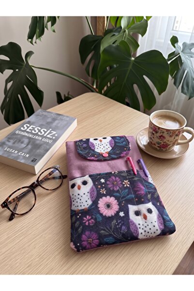 Tadsy Mor Baykuş desenli Kitap Kılıfı Şık ve Kitap Koruyucu Kılıf Cepli Çok A...
