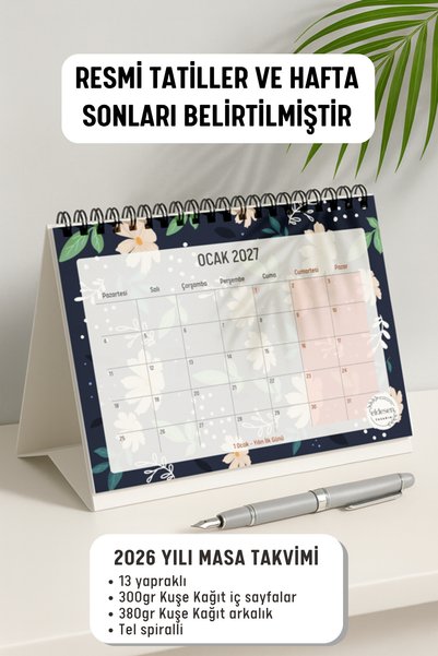 Eldesen Tasarım 2027 Masa Takvimi Spiralli A5 (21X16CM) Büyük Boy / Resmi Tatiller Ve Hafta Sonları / 12 Aylık
