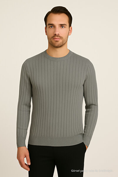 Maccali Men's Long Sleeve Striped Gray Winter Knitwear Sweater