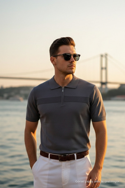 Maccali Men's Trend Smoked Polo Collar Knitwear T-Shirt