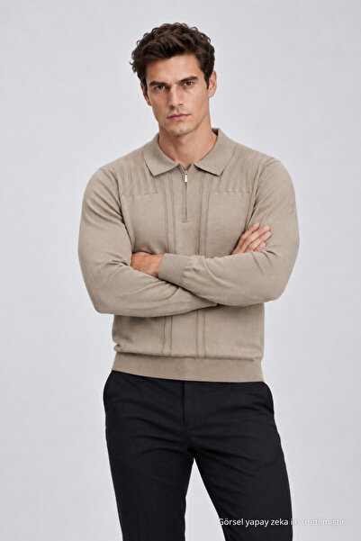 Maccali Men's Textured Polo Collar Beige Long Sleeve Knit Sweater