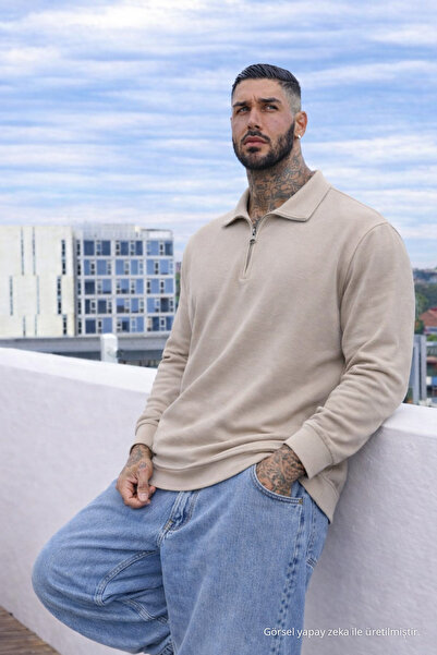 Maccali Erkek Günlük Büyük Beden Casual Krem Sweatshirt