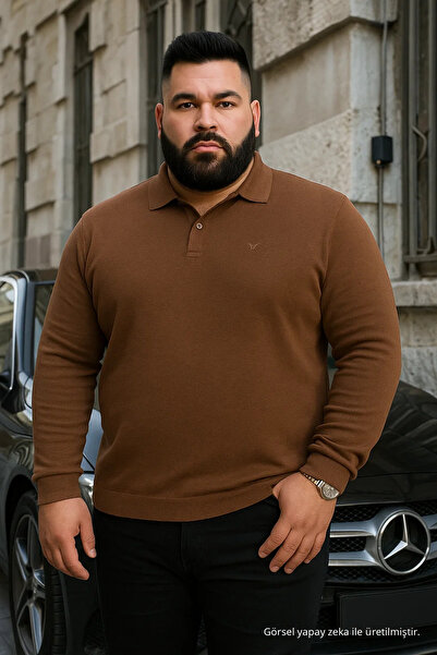 Maccali Pulover maro cu guler polo pentru bărbați, de iarnă, de mărime mare