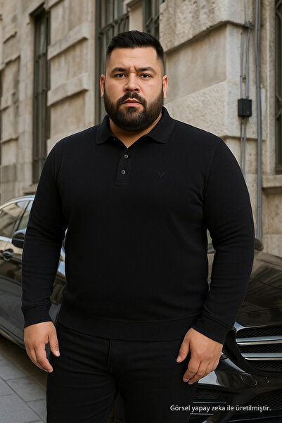Maccali Men's Plus Size Winter Loose Black Polo Neck Sweater