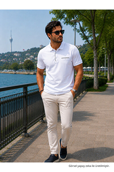 Maccali Erkek Cepli Comfort Beyaz Polo Yaka Tişört