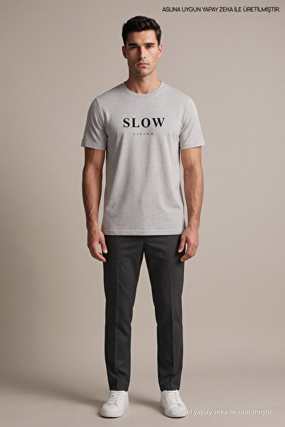 Maccali Γκρι ανδρικό μπλουζάκι με στάμπα Slow Living και φαρδιά γραμμή