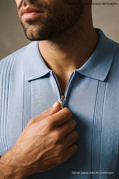 Maccali Erkek Günlük Premium Çizgili Mavi Polo Yaka T Shirt