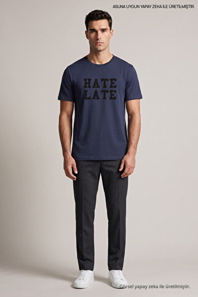 Maccali Tricou pentru bărbați, albastru marin, cu imprimeu Hate Late, cu gât ...