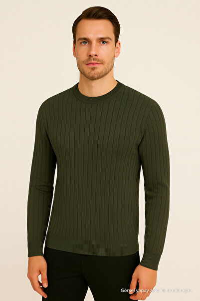 Maccali Men's Long Sleeve Striped Khaki Winter Knit Sweater