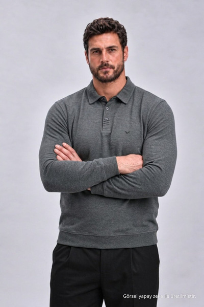 Maccali Tricou cu mânecă lungă, antracit, cu guler polo, mărime mare, pentru ...