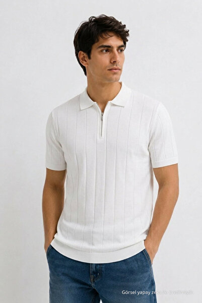 Maccali Men's Casual Striped Regular Fit White Polo Knitwear T-Shirt