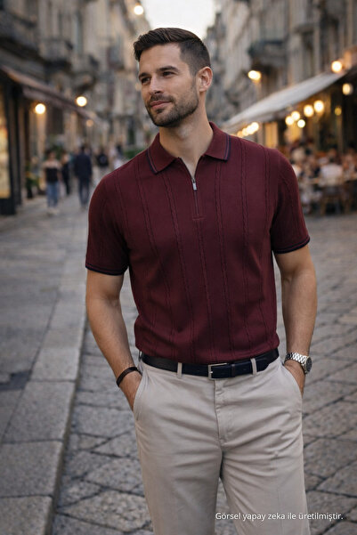 Maccali Erkek Trend Çizgili Premium Bordo Polo Yaka Tişört