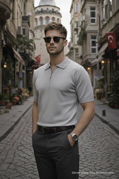 Maccali Men's Basic Zippered Relax Fit Gray Polo Collar T-Shirt