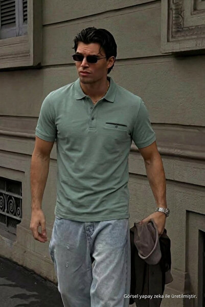 Maccali Erkek Bol Kısa Kollu Cepli Mint Polo Yaka T Shirt