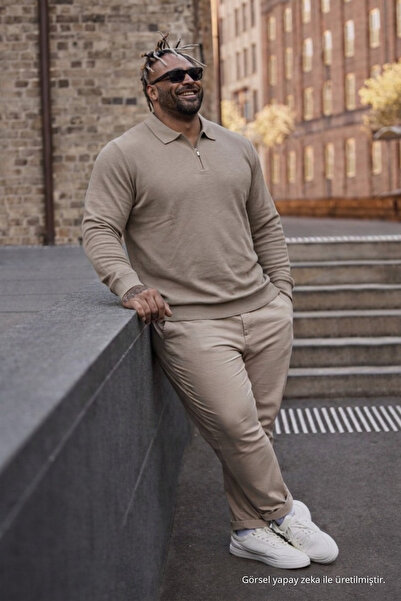 Maccali Erkek Büyük Beden Basic Krem Fermuarlı Sweatshirt