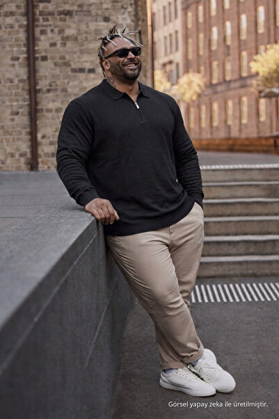 Maccali Erkek Büyük Beden Basic Siyah Fermuarlı Sweatshirt