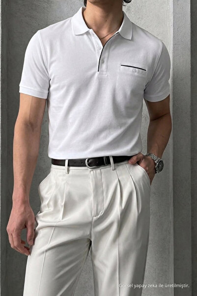 Maccali Tricou polo alb, cu buzunare, croială normală, pentru bărbați