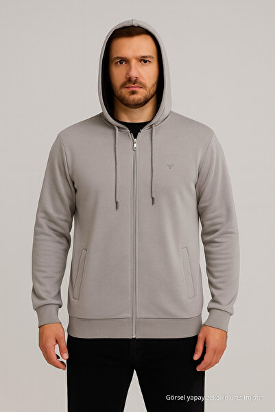 Maccali Erkek Uzun Kollu Gri Kapüşonlu Fermuarlı Sweatshirt
