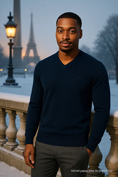 Maccali Men's Loose Trend Long V-Neck Navy Blue Sweatshirt