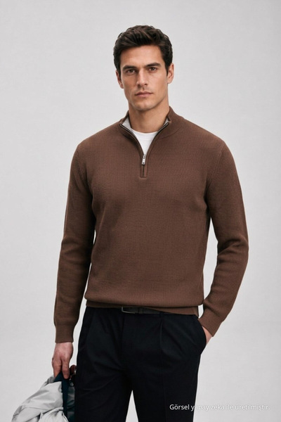 Maccali Erkek Dik Yaka Fermuarlı K.Kahve Triko Kışlık Sweatshirt