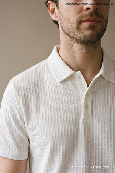 Maccali Men's Self-Striped Comfortable White Polo Collar T-Shirt