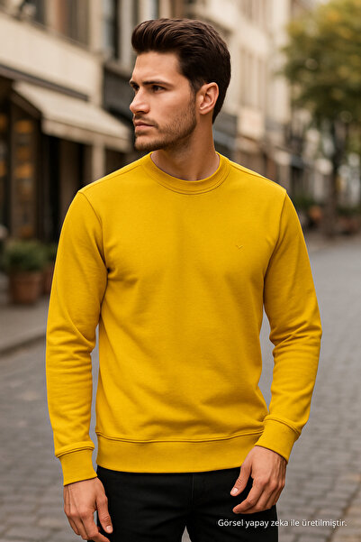 Maccali Erkek Bisiklet Yaka Trend Uzun Kollu Uzun Sarı Sweatshirt