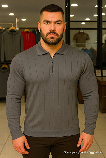Maccali Erkek Kışlık Büyük Beden Gri Fermuarlı Sweatshirt