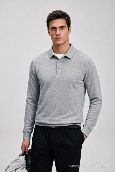 Maccali Men's Casual Winter Gray Long Sleeve Polo Collar T-Shirt