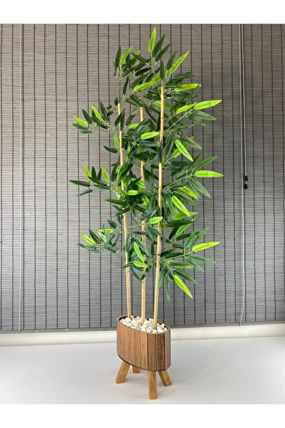 Bahçem Ahşap Saksılı Ayaklı Elips Model Yapay Yoğun Yapraklı Dekoratif Bambu Ağacı 125cm 3 Gövde