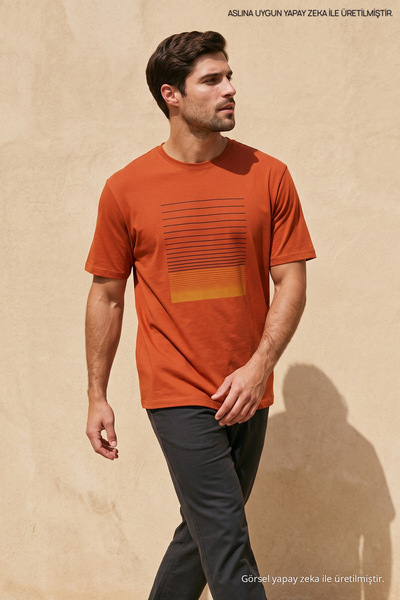 Maccali Orange Men's Gradient Tape Printed Crew Neck T-Shirt