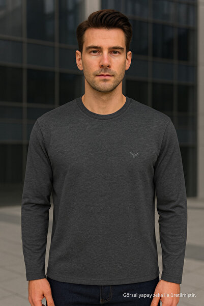 Maccali Erkek Uzun Kollu Günlük Rahat Basic Füme Sweatshirt